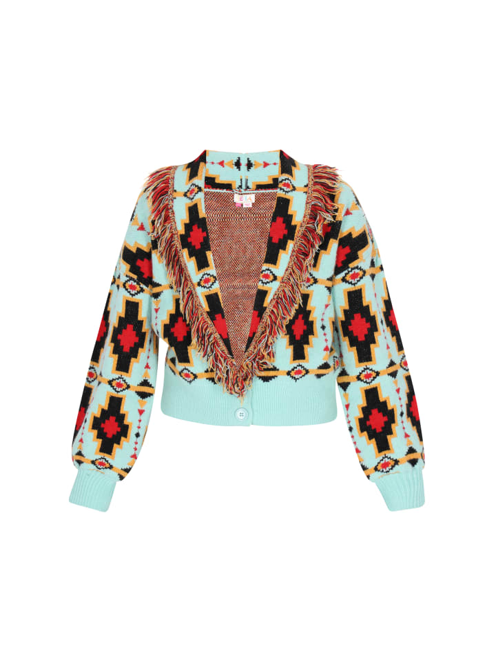 

Женский кардиган бирюзового цвета с разноцветными вставками IZIA