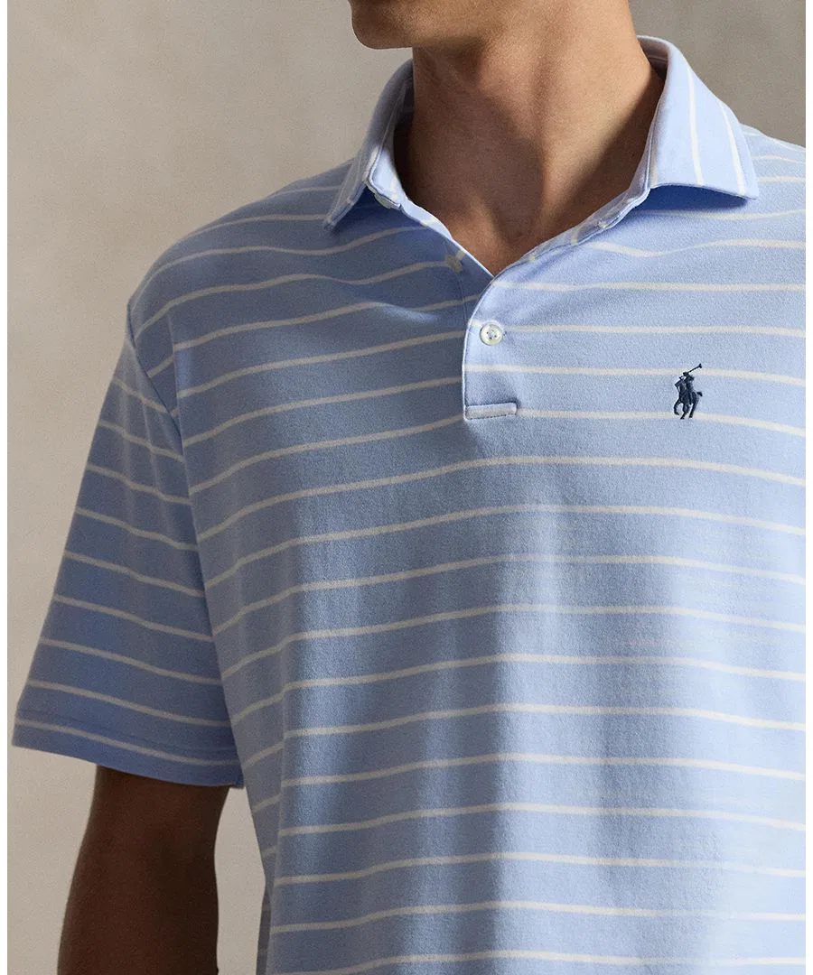 Мужское поло с коротким рукавом из хлопка Classic Striped Soft Cotton Polo Ralph Lauren, Pebble Blue/White — фото 3