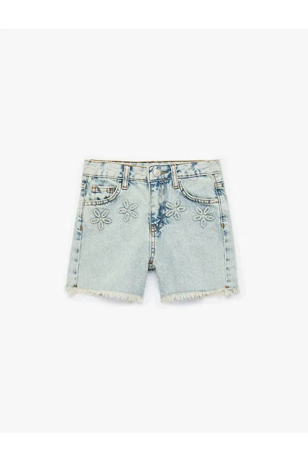 Детские шорты для девочек с цветочной вышивкой Flower Embroidered Jean Light Indigo Koton, Open Indigo — фото 3