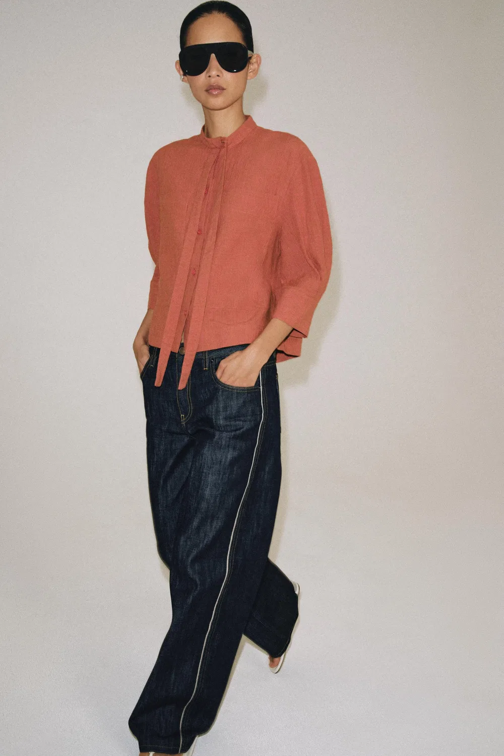 Рубашка из льняной смеси от ZW COLLECTION с завязками. ZARA, Burnt orange