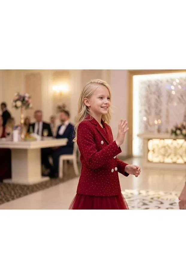 Детский пиджак для девочек с принтом Mother Daughter Stone Detailed Blazer Jacket Hilal Akıncı Kids, Burgundy — фото 2