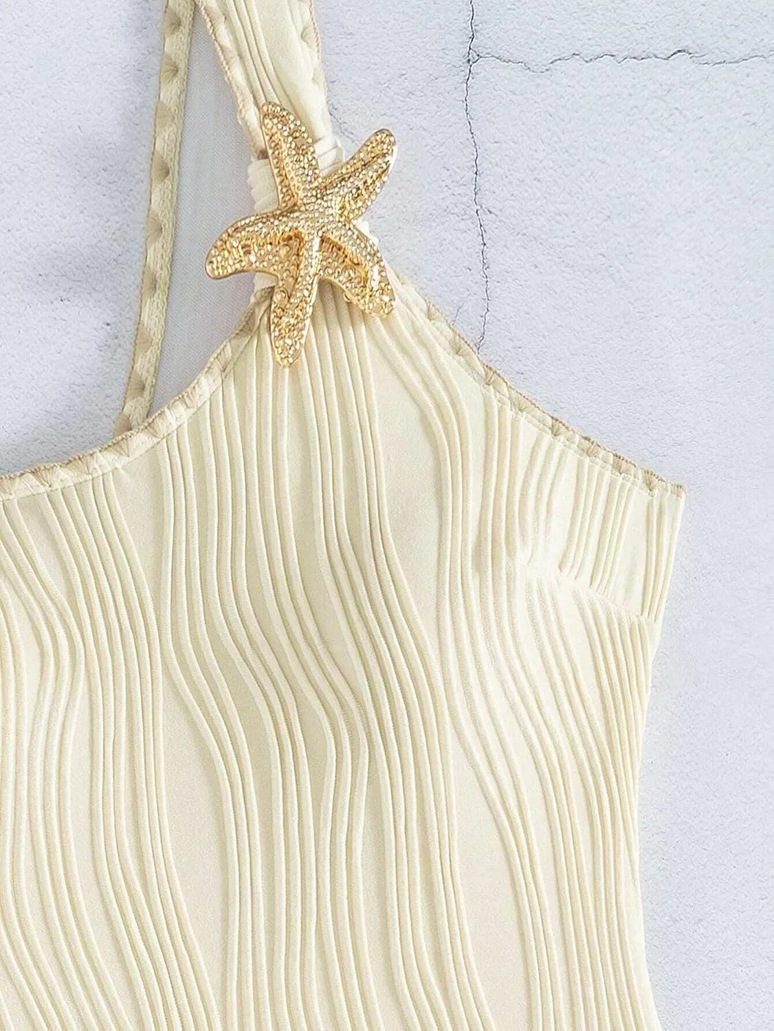 Женский цельный купальник асимметричный с высокой талией, Beige — фото 4