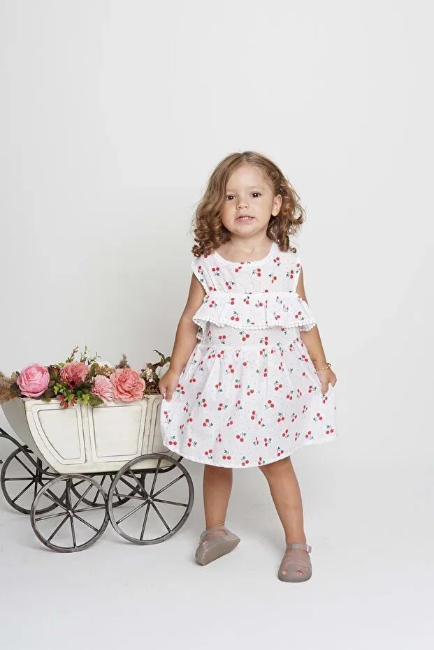 Детское платье для девочек хлопковое Fruit printed cotton terry cotton sleeve fishtail detail girls summer dress Mnk Baby&Kids, White
