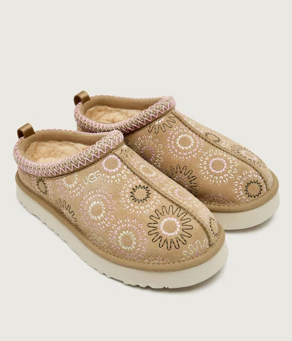 Детские мюли с мехом UGG K Tazz Sun Stitch, бежевый — фото 2