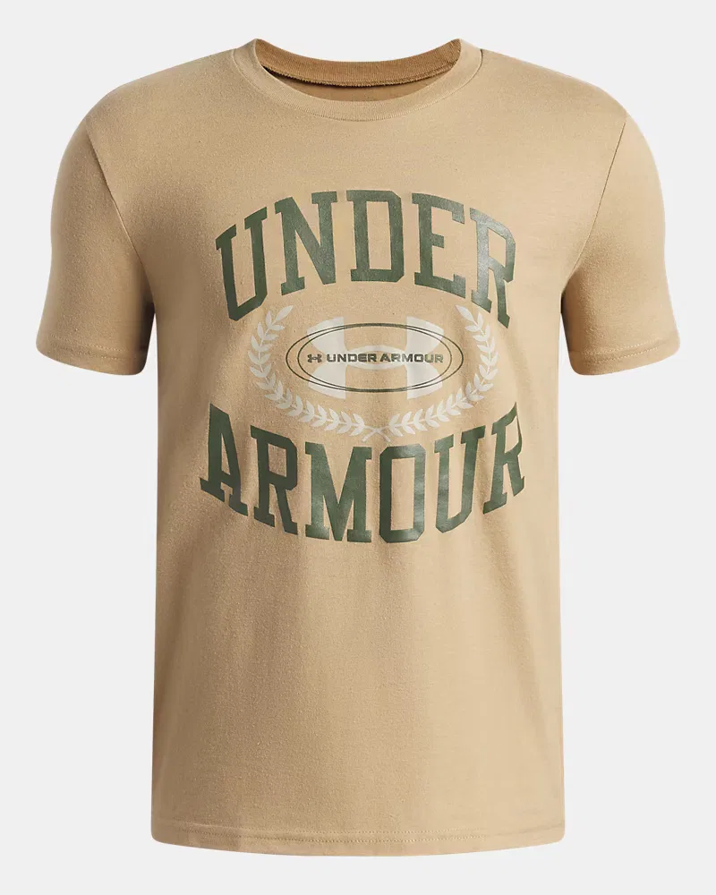 Футболка с коротким рукавом для мальчиков из хлопковой смеси UA Crest Logo UnderArmour, Camel/Marine Od Green