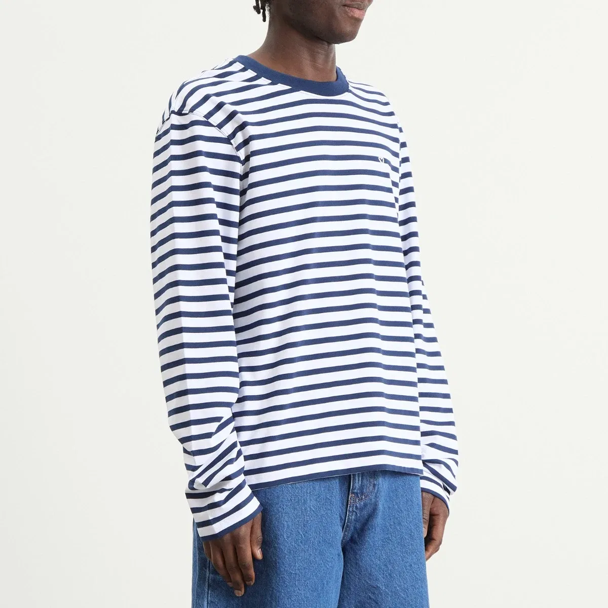 Футболка с длинным рукавом, свободный крой, с полоской, Long sleeve boxy fit mariniere t-shirt Ami Paris, Encre/Blanc — фото 2