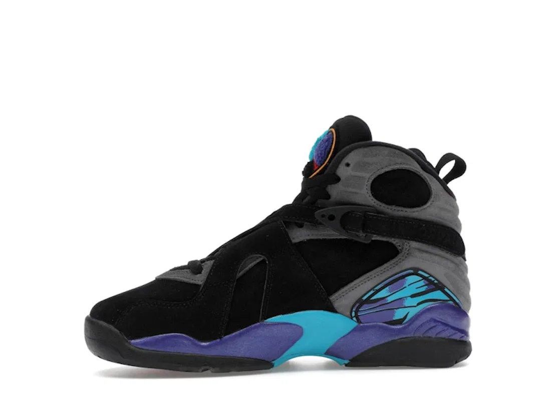 Детские кроссовки с ремешками Jordan 8 Retro Aqua (2025) (GS) Jordan, Black/True Red-Iron Grey-Bright Concord-Aquatone — фото 3