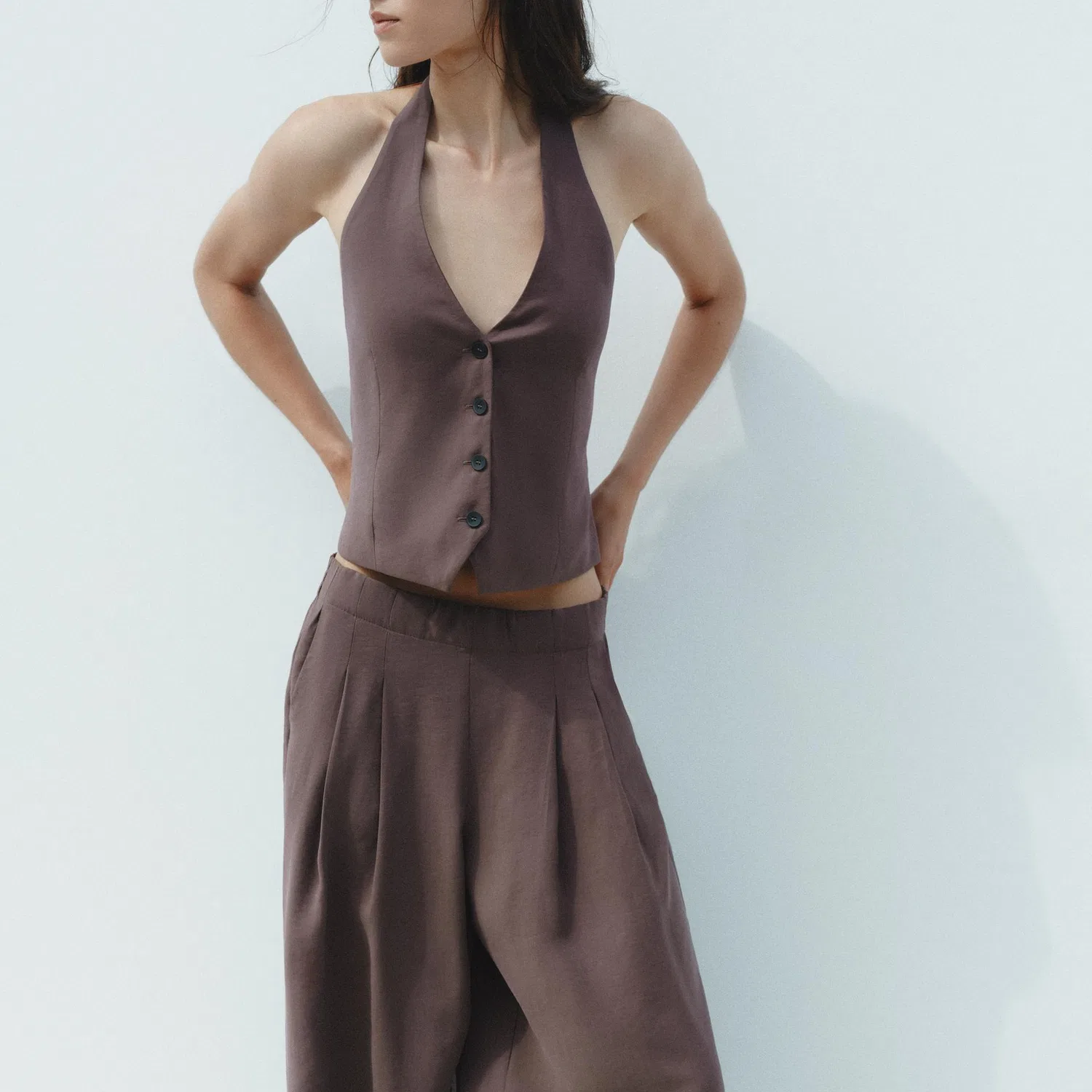 Женский топ-майка с завязками на шее, Eggplant Purple, ZARA — фото 4
