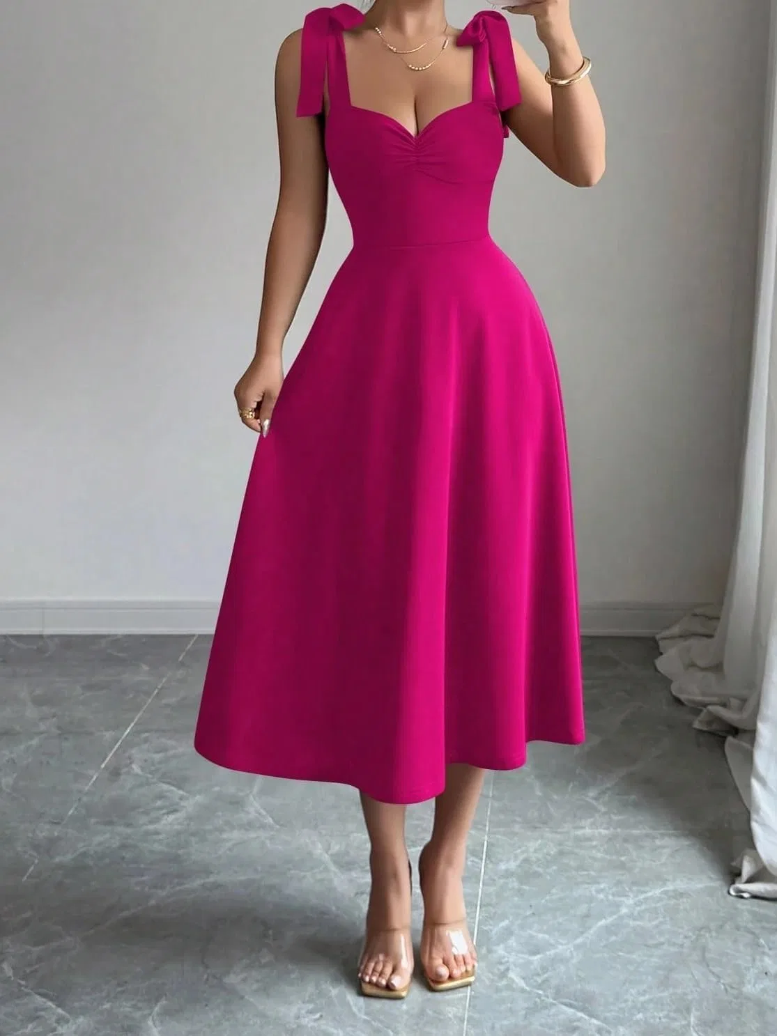 Женское элегантное платье на бретелях A-силуэта, Hot Pink — фото 4