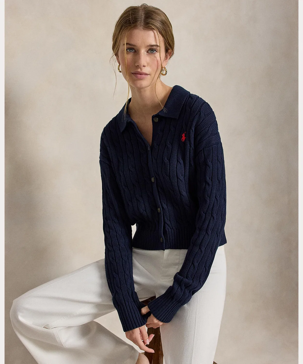 Женский кардиган с поло-воротником, из хлопка, с длинным рукавом Cable Cotton Polo Collar POLO RALPH LAUREN, Blue