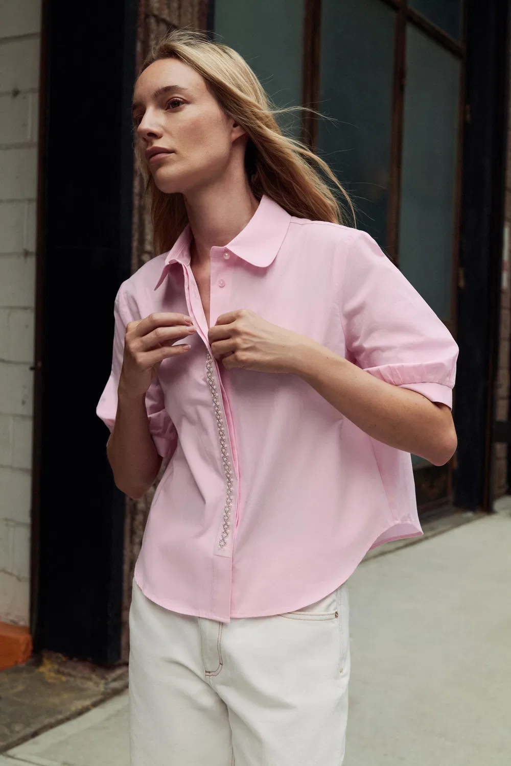 Рубашка из искусственного жемчуга из поплина ZARA, Pink