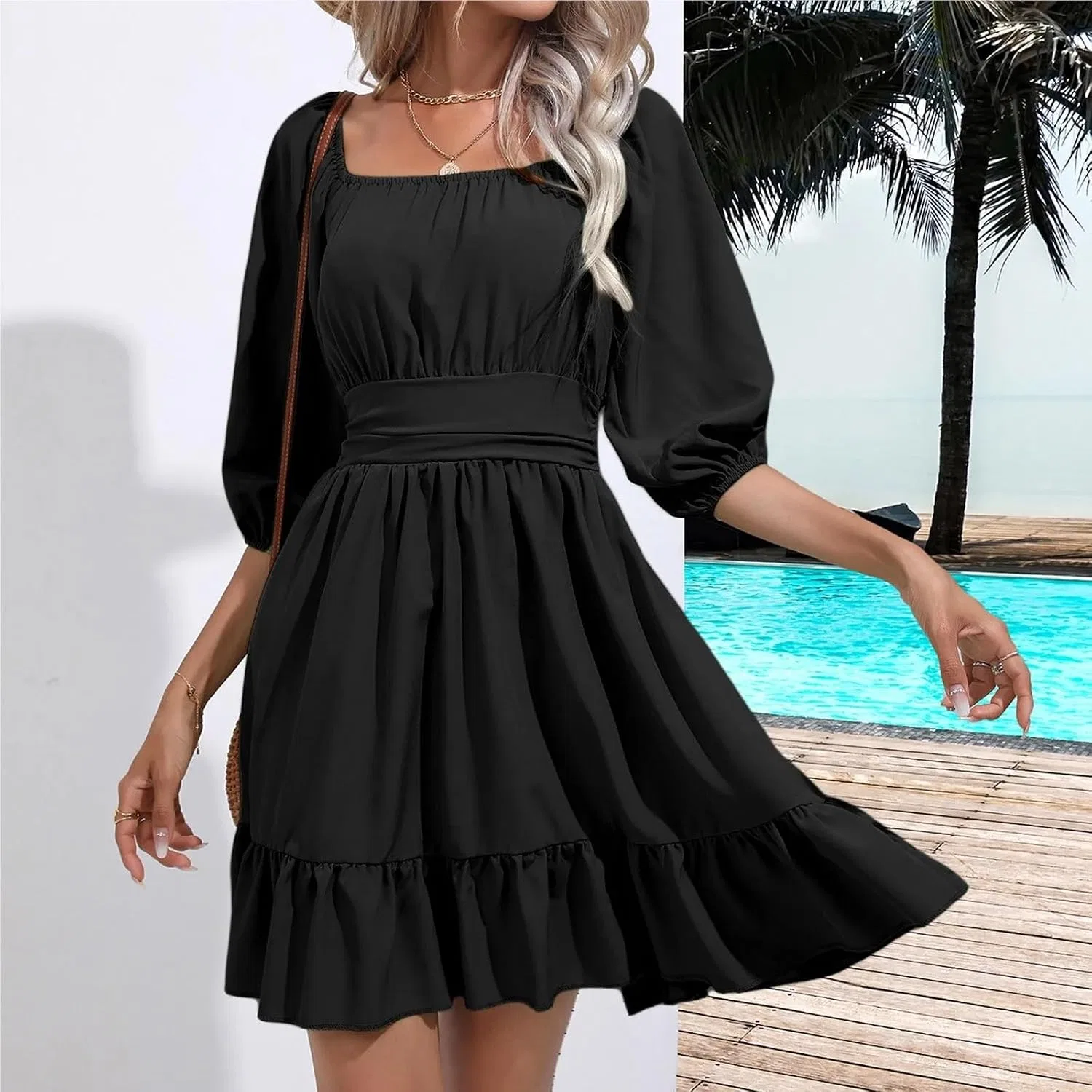 Женское платье свободного кроя с квадратным вырезом, Black — фото 4