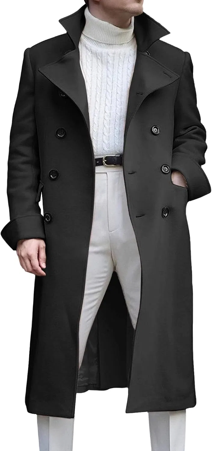Мужское пальто-тренч с двубортной застежкой, slim fit, чёрный