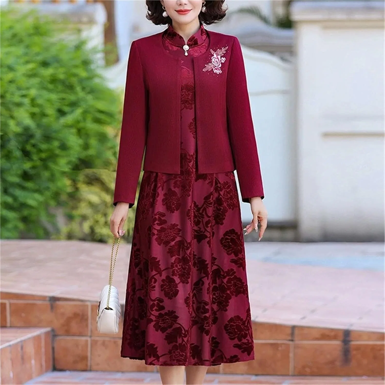 Женский комплект из кардигана и платья с вышивкой Generic, Wine Red — фото 4