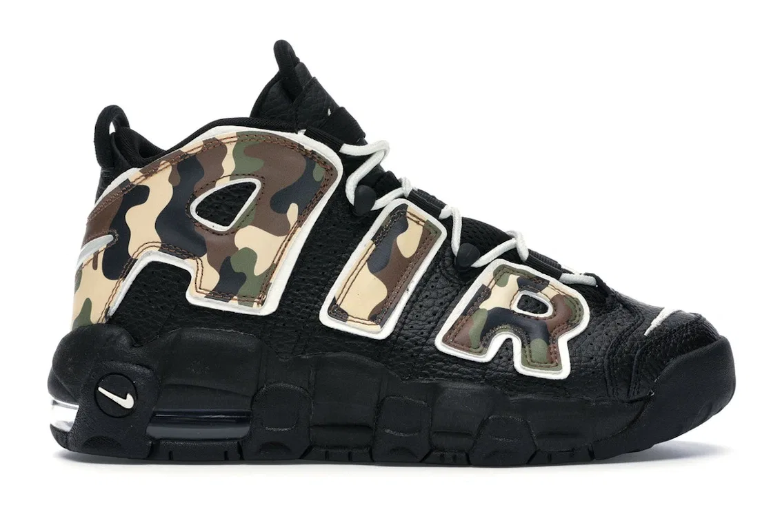 Детские кроссовки Lifestyle с камуфляжным принтом Nike Air More Uptempo 96 Nike, Black/Sail-Light British Tan-Asparagus-Outdoor Green-Celestial Gold