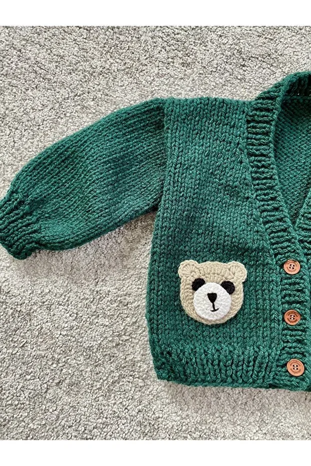 Детский кардиган для мальчиков с принтом Hand knitted cute teddy bear detailed boy's cardigan Nevalin, Green — фото 3
