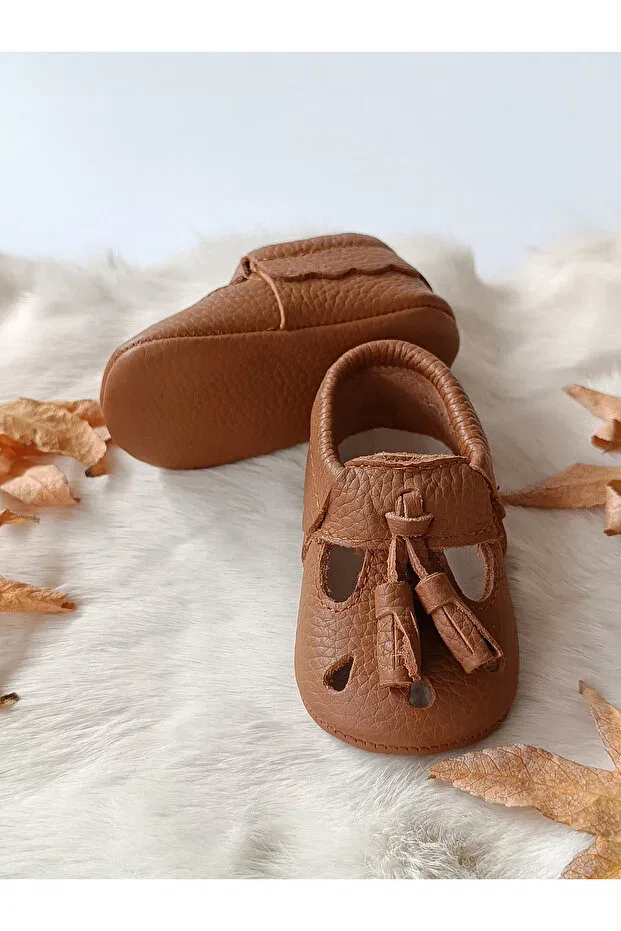 Детские мокасины для девочек из натуральной кожи Wizy tasseled tan genuine leather baby booties moccasins Hodore, Tasseled Taba — фото 3