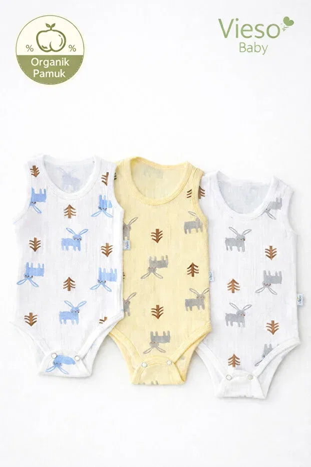 Детское боди-комбинезон без рукавов с принтом 3-Pack 100% organic cotton rabbit patterned sleeveless snap fastener baby bodysuit undershirt Vieso, Rabbit1