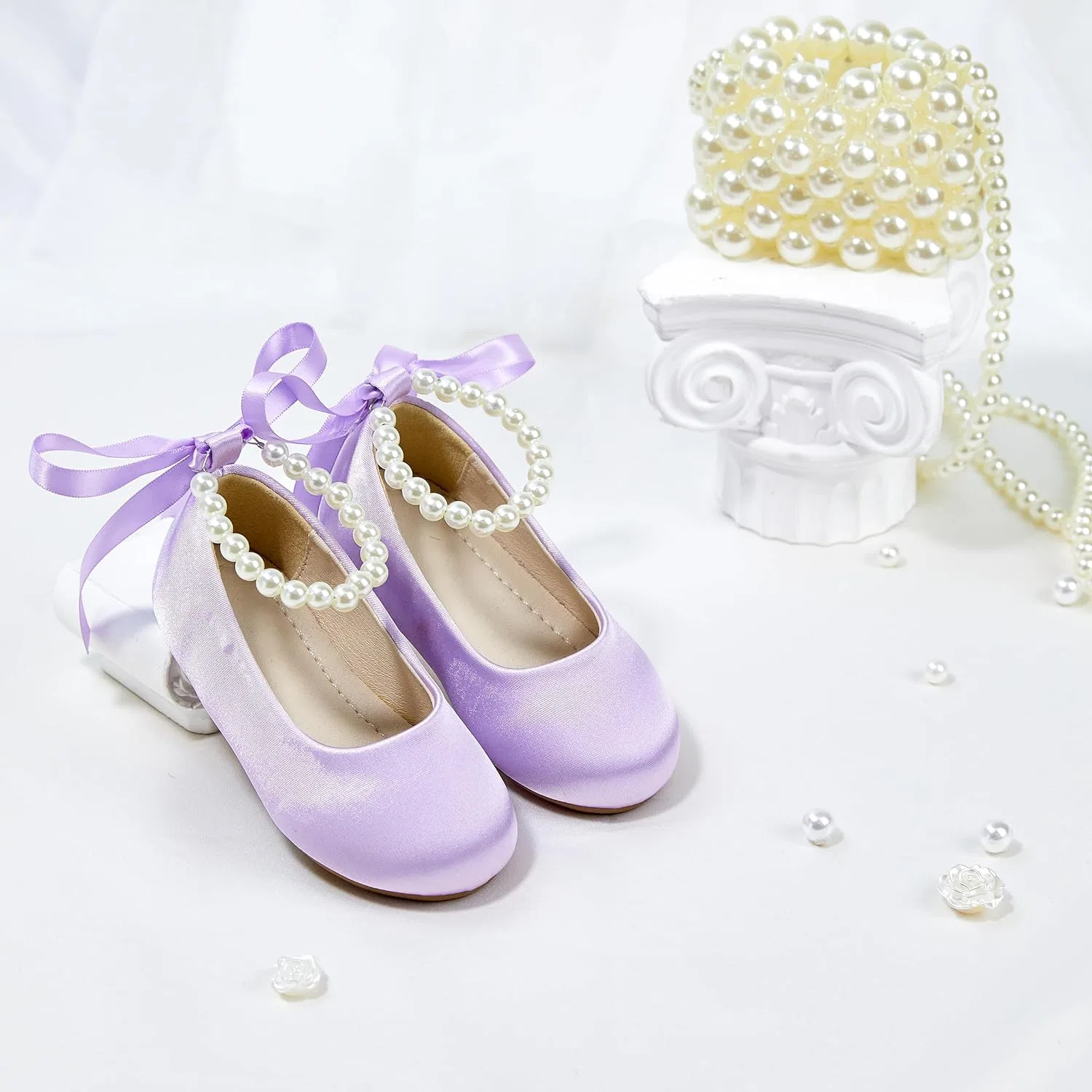 Детские туфли-балетки для девочек с жемчужным ремешком PHIRAMIN, Purple Pearl Strap — фото 2