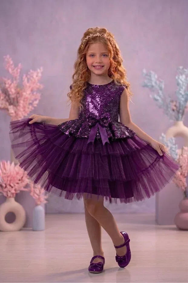 Детское платье для девочек с пайетками Girl'S purple sequined layered tulle evening dress Delfini Kids, Purple