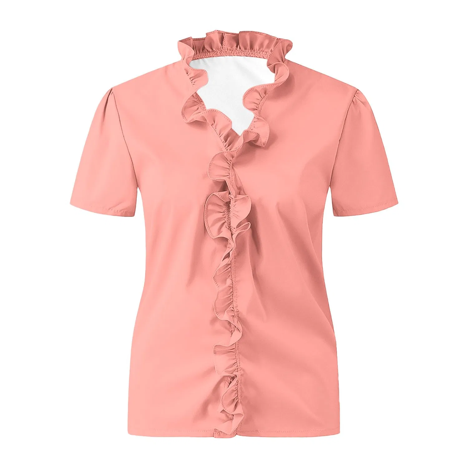 Женская блузка с V-образным вырезом и воланами Elegant Women, хлопковая, Short Sleeve-watermelon Red — фото 4