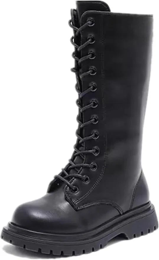 Детские кожаные сапоги для девочек на шнуровке с молнией BININBOX, Black-Conventional Lined