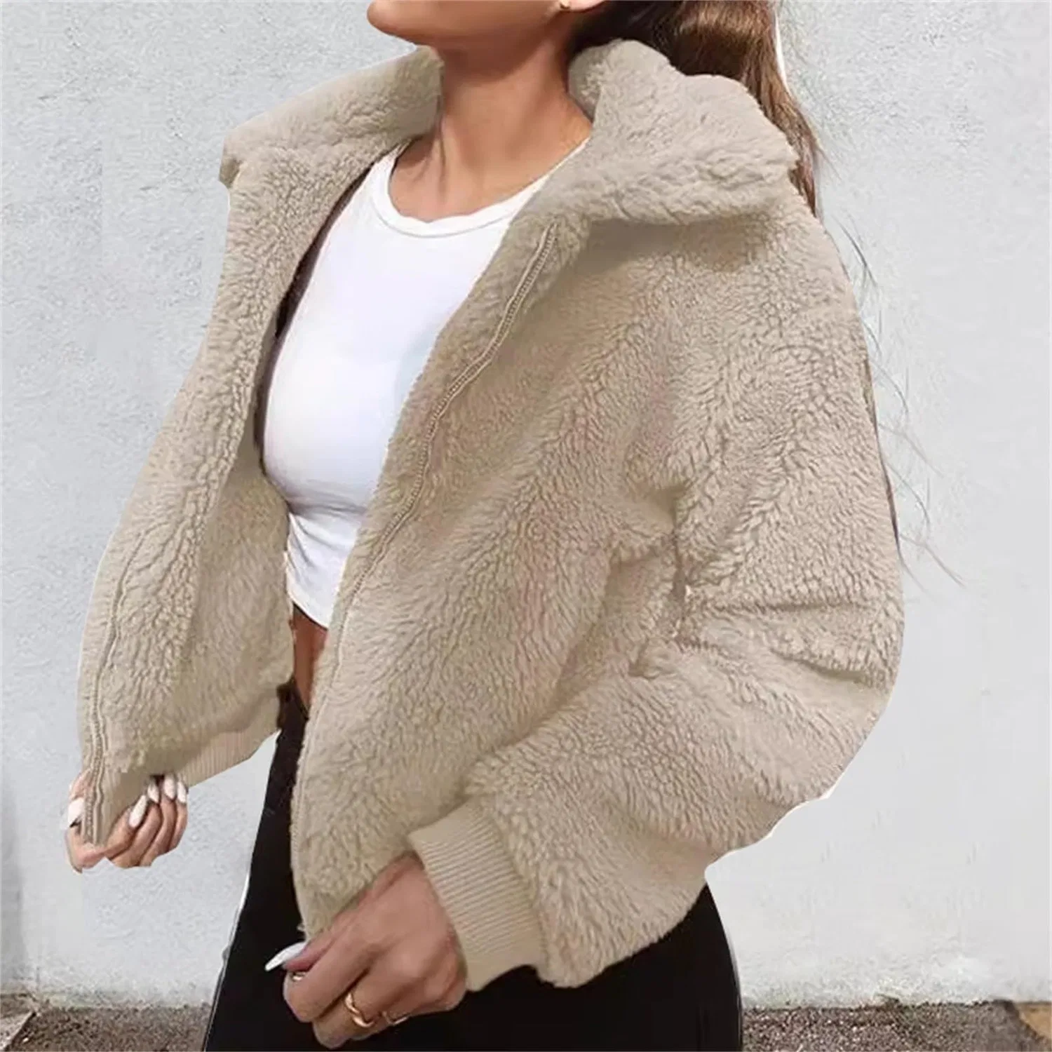 Женская куртка из флиса без капюшона Teddy с коротким рукавом, White — фото 2