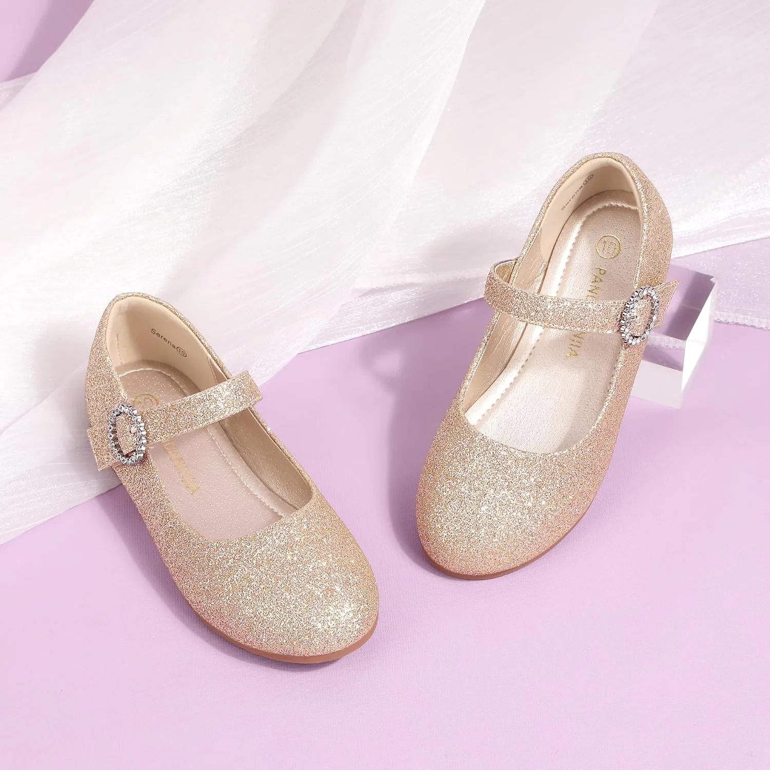 Детские туфли для девочек со стразами Mary Jane PANDANINJIA, Gold Glitter — фото 2