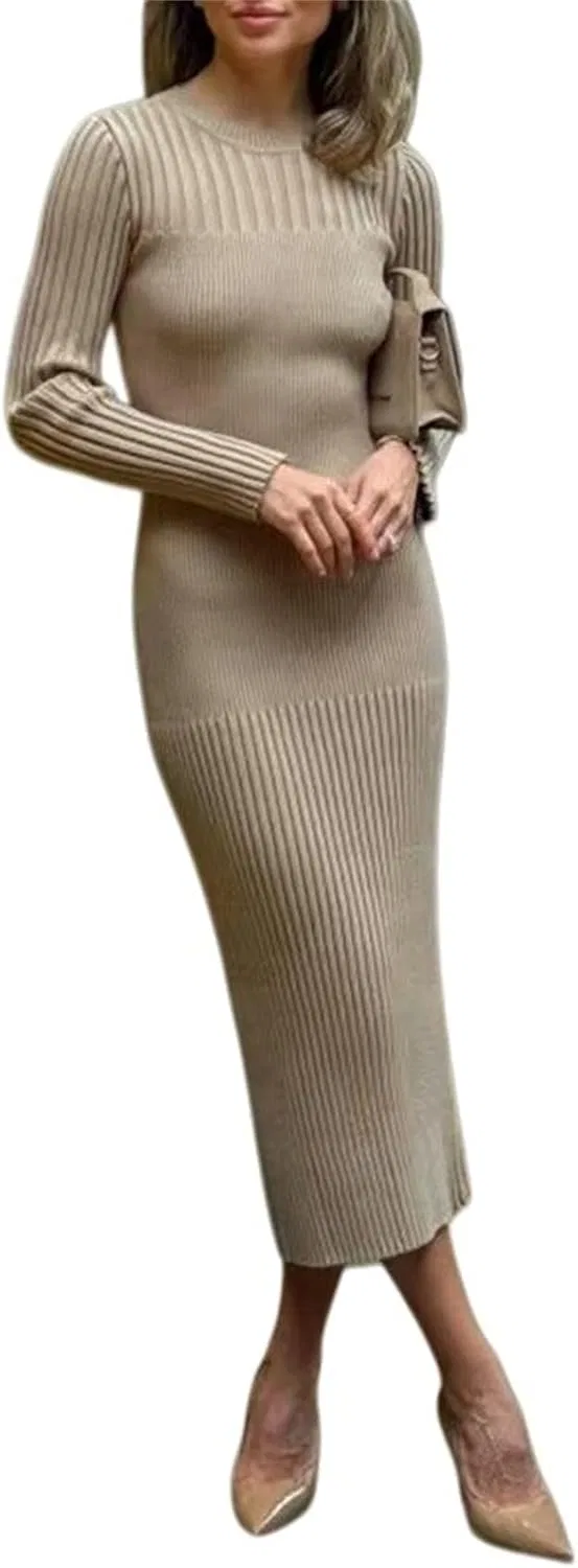 Женское облегающее платье макси с длинным рукавом Ribbed Knit, Khaki