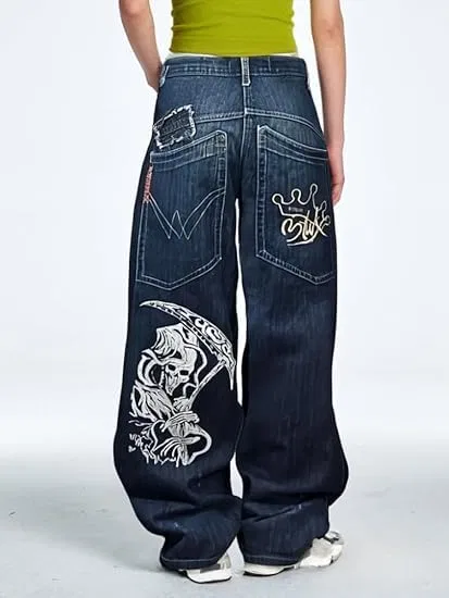 Женские джинсы с принтом скелета Y2k Hip Hop Goth Street Vintage High Waist Denim Wide Leg Trousers, Color-2 — фото 3