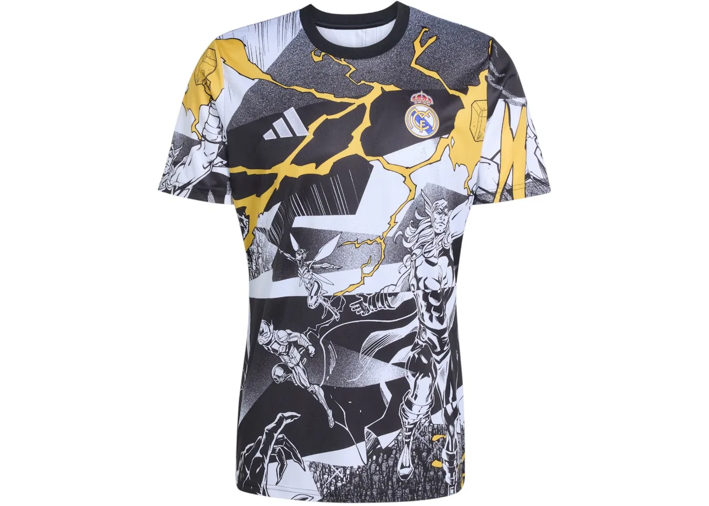 Мужская футбольная футболка с длинным рукавом Adidas Real Madrid Avengers 2025/2026 Pre-Match Jersey, White Black Bold Gold