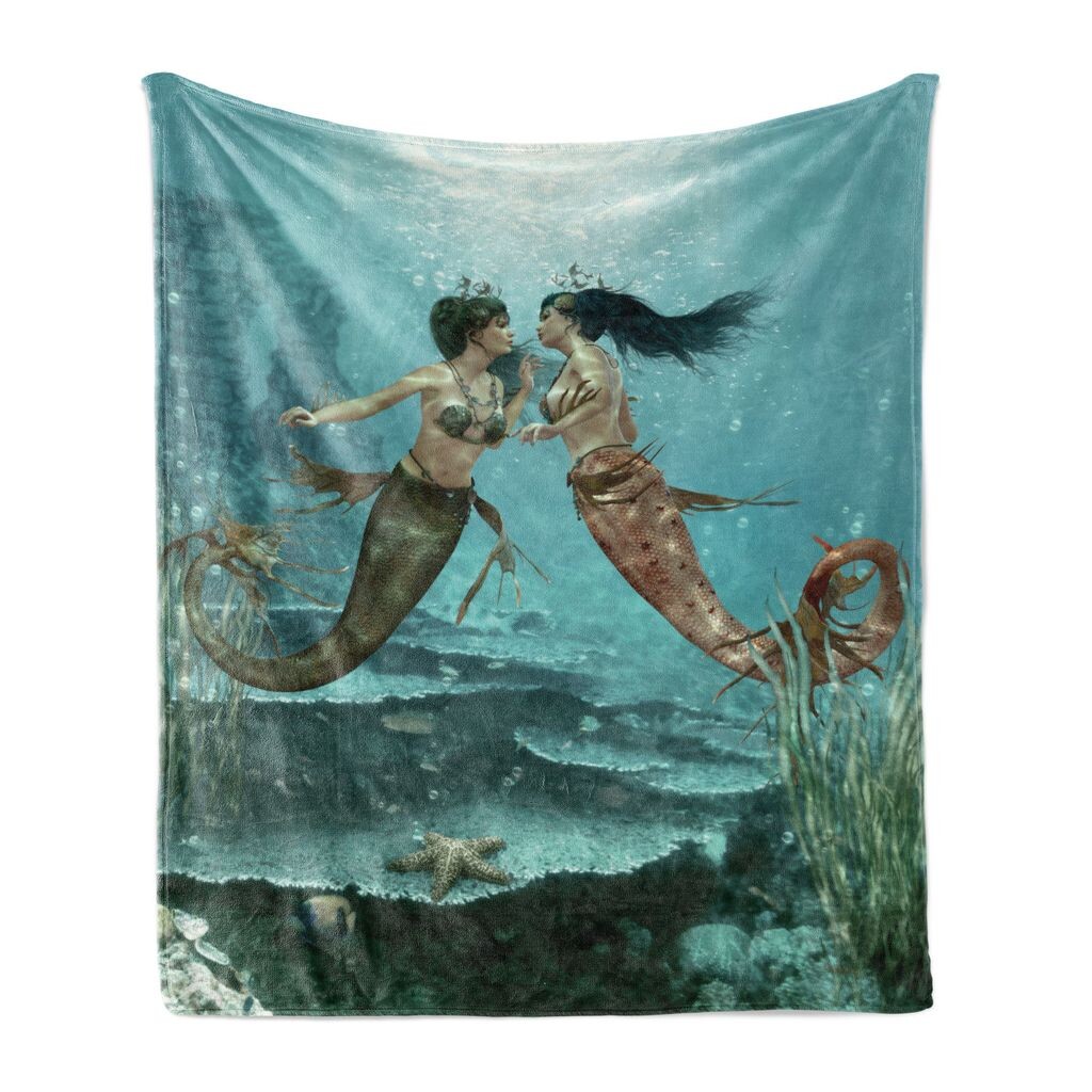 

Мягкое фланелевое флисовое одеяло ABAKUHAUS Mermaid, морская звезда и водоросли, уютный плюш для использования в помещении и на улице, 125 x 175 см, разноцветное