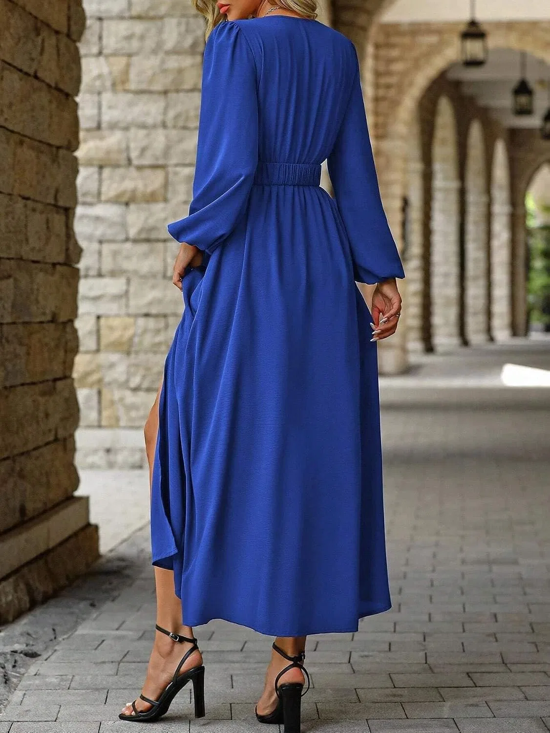 Женское макси-платье с V-образным вырезом и рукавами-фонариками, Royal Blue — фото 4