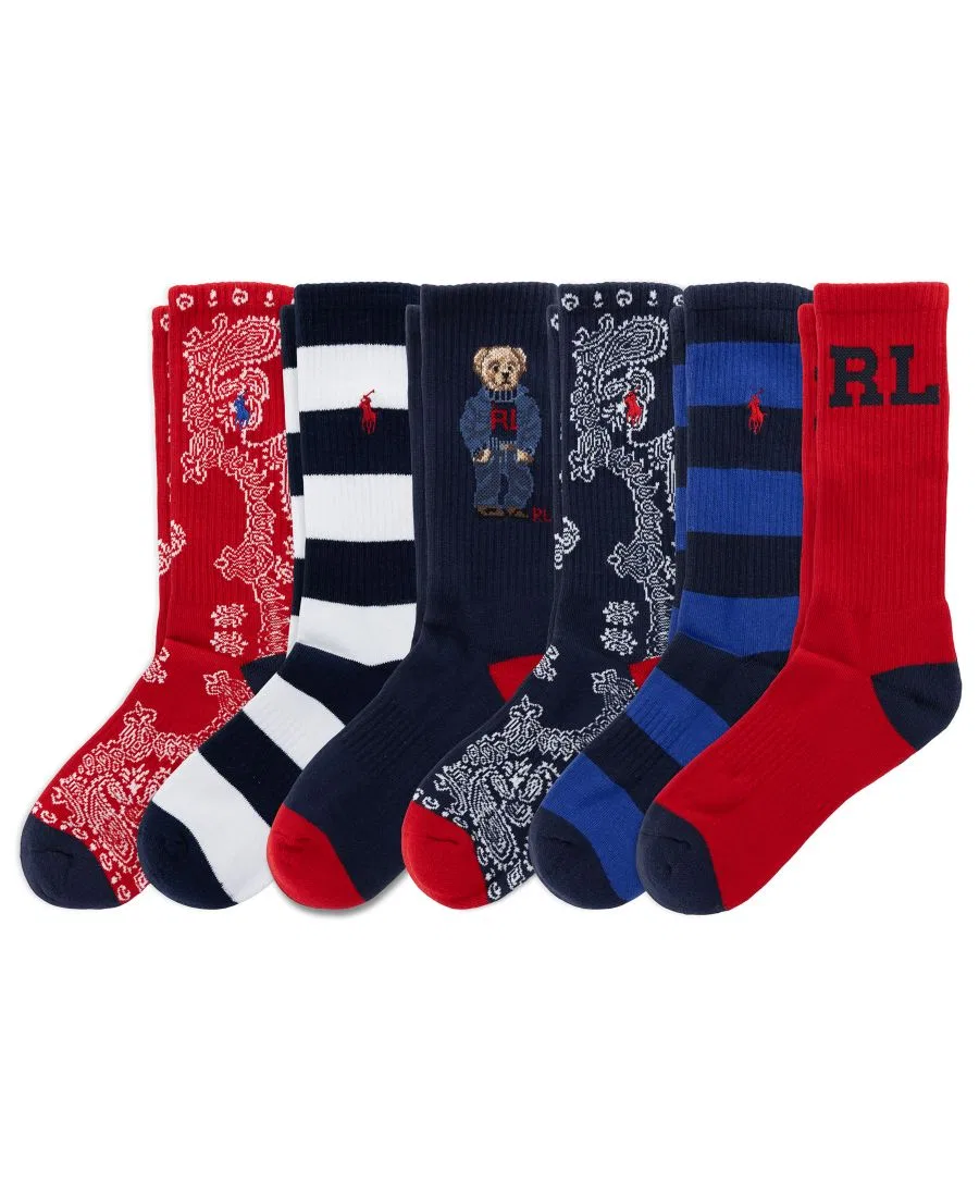 Мужские джинсовые носки RL Denim Bear с ребристой отделкой, усиленной пяткой и носком, комплект из 6 пар Polo Ralph Lauren, Navy/Red