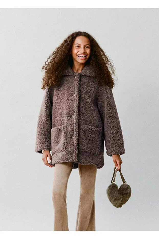 Детское пальто для девочек с искусственным мехом Mango Kids, Brown — фото 4