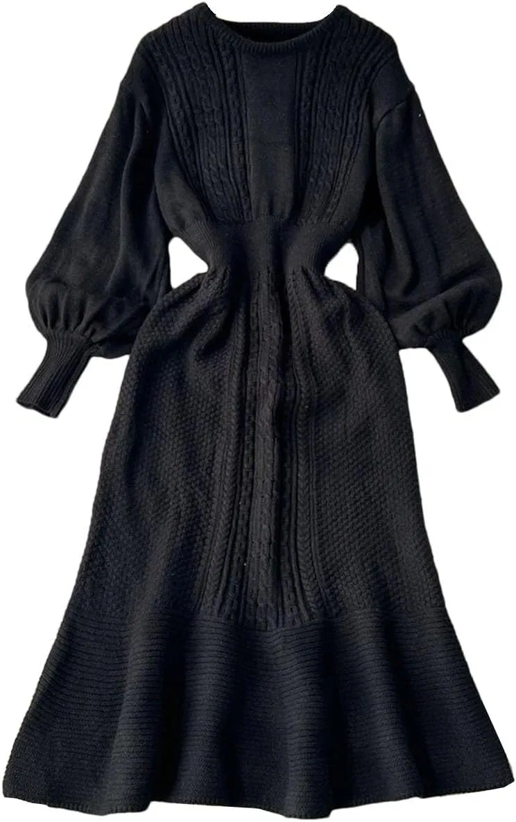 Женское вязаное платье свободного кроя Lantern Sleeve, Black