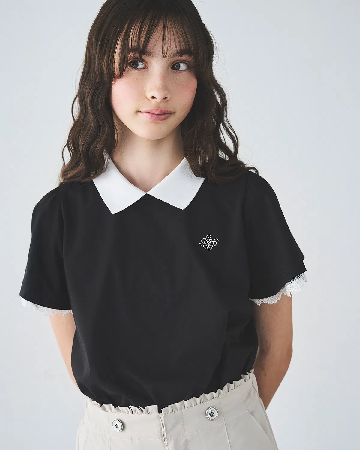 Детская блузка с длинным рукавом кружевом и рюшами, UV-защита, pom ponette junior, Black