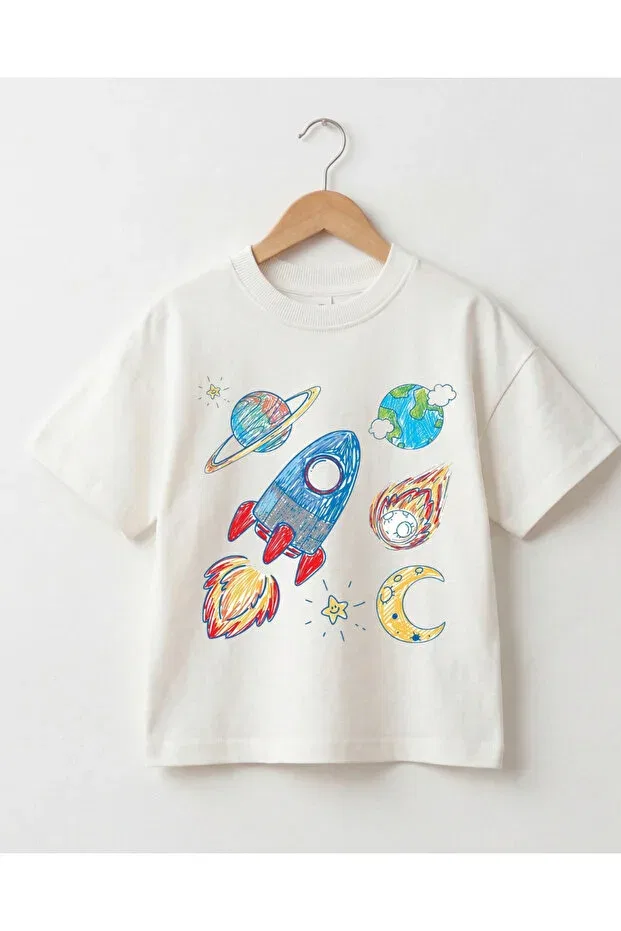 Детская футболка оверсайз с принтом Space Rocket Design Babytex, Ecru — фото 2