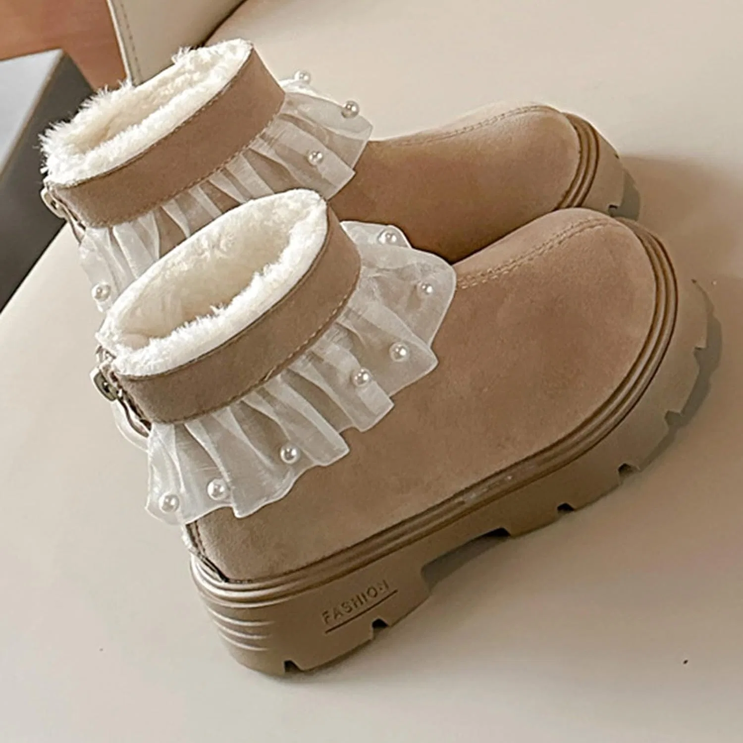 Детские ботинки с искусственным мехом и жемчугом Princess, Khaki — фото 4