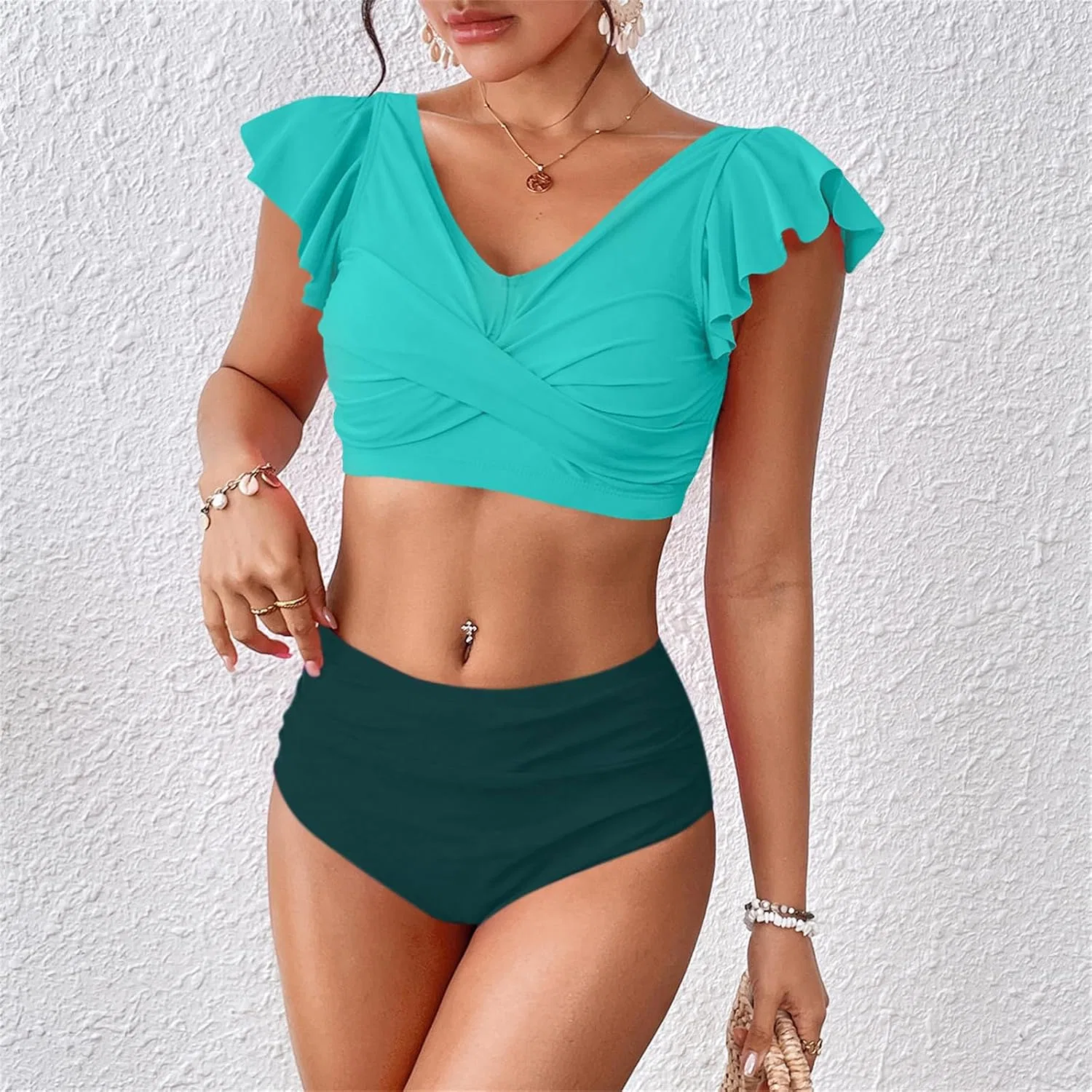 Женский купальный костюм с высокой талией, 2-piece, Cyan — фото 2