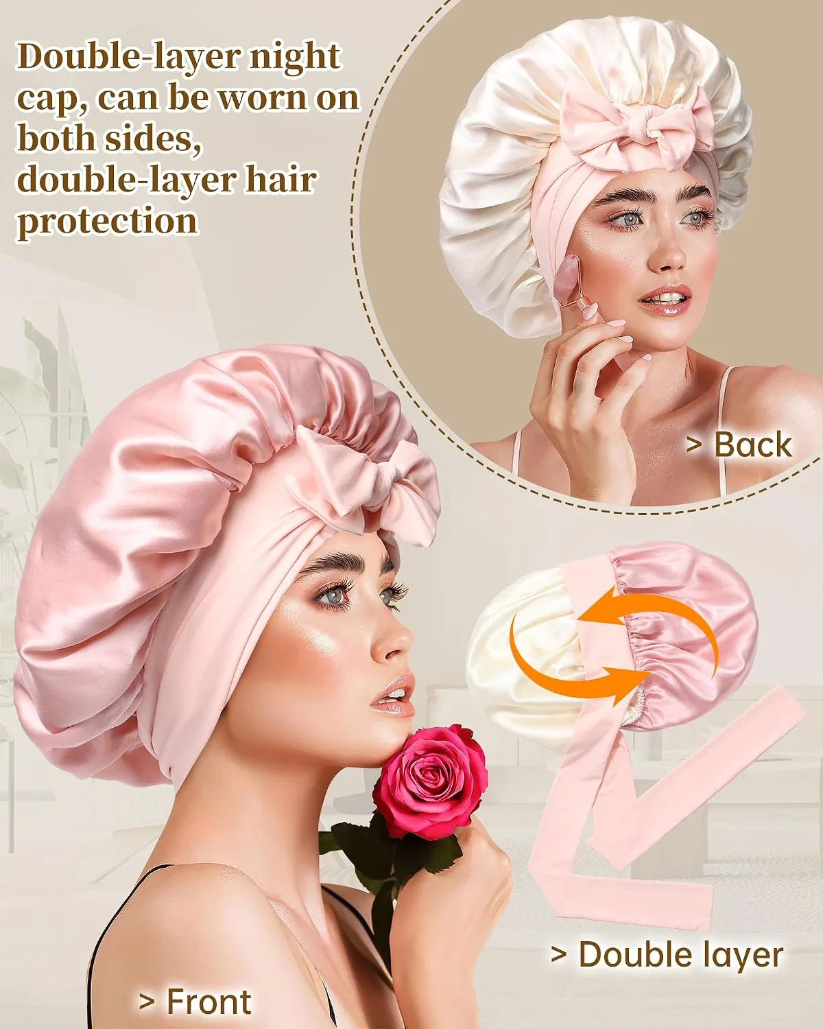 Шелковая шапочка для сна CHLINS, 100% Mulberry Silk, с шелковыми резинками и маской, Pink + Off White — фото 3