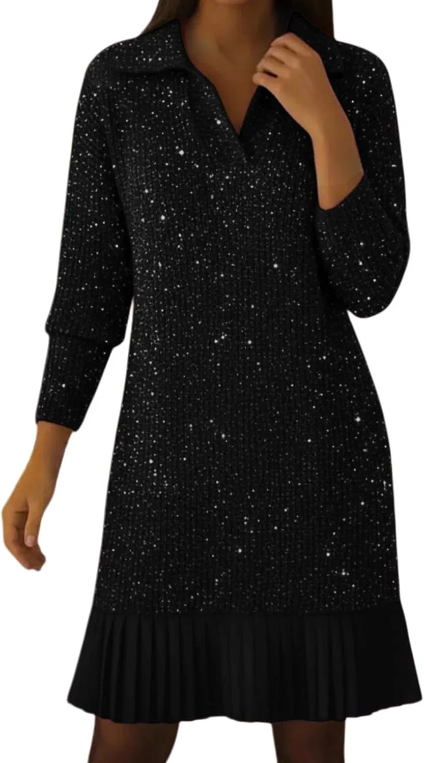Женское платье-свитер с пайетками, поло-горловиной, мини, Shimmering Knit Sparkle Dress, чёрный