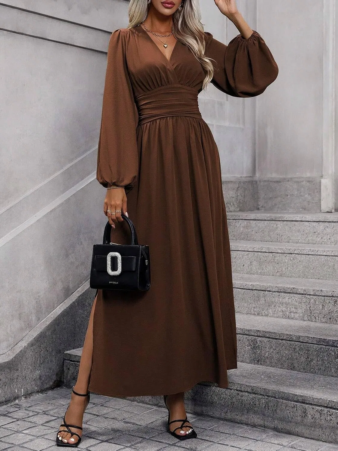 Женское платье миди A-силуэта с разрезом Yuchenda, Chocolate Brown — фото 3
