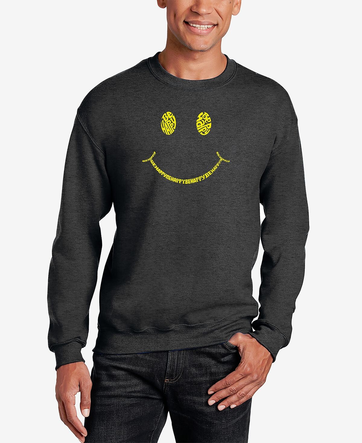 

Мужская толстовка с круглым вырезом be happy smiley face word art LA Pop Art, темно-серый