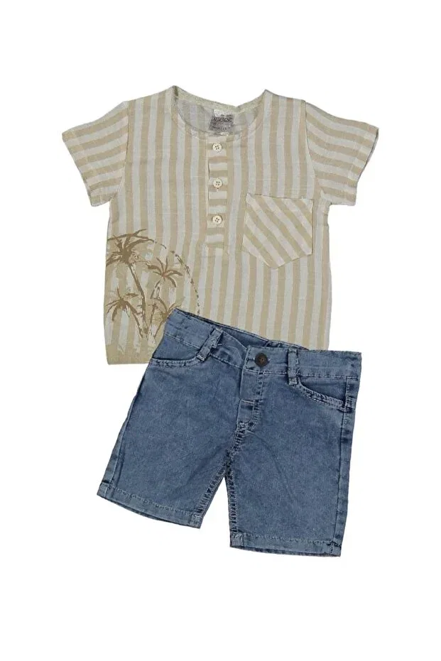 Детский костюм для мальчиков с коротким рукавом Mk Palm Shirt Boys' Short Sleeve Suit with Denim Shorts Yagmurgiyim, Gray-4230