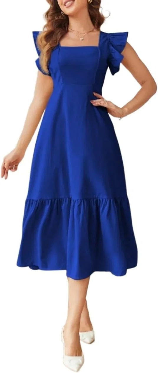 Женское миди-платье с квадратным вырезом без рукавов, рюшами, Royal Blue
