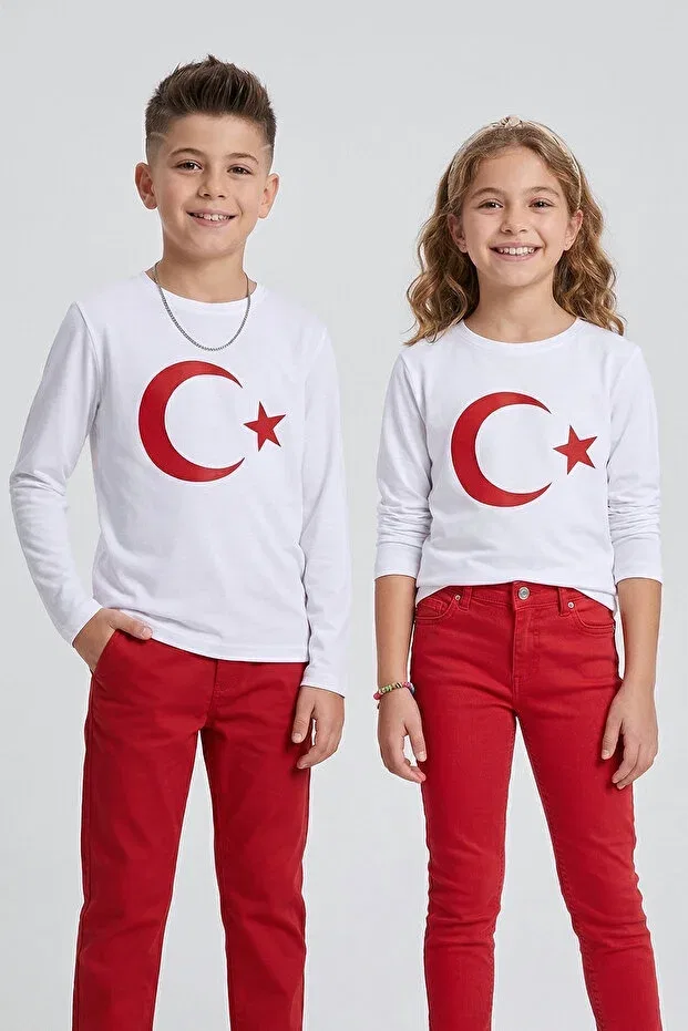 Детская футболка с длинным рукавом с принтом Crescent Star Turkish Flag Printed Cotton 23 April Boys And Girls Dmb Boys & Girls, White