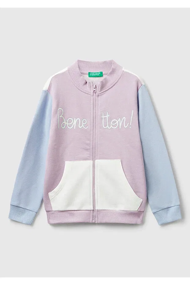 Детские свитшот для девочек с принтом Girls Lilac-Ecru Glitter Logo Printed Zippered Ribbed Regular Fit United Colors Of Benetton, Lilac-Ecru