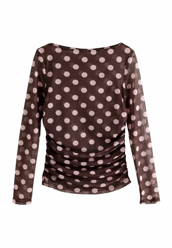 Блузка с длинными рукавами и присборенными боками Next, Chocolate Brown Pink Polka Dot