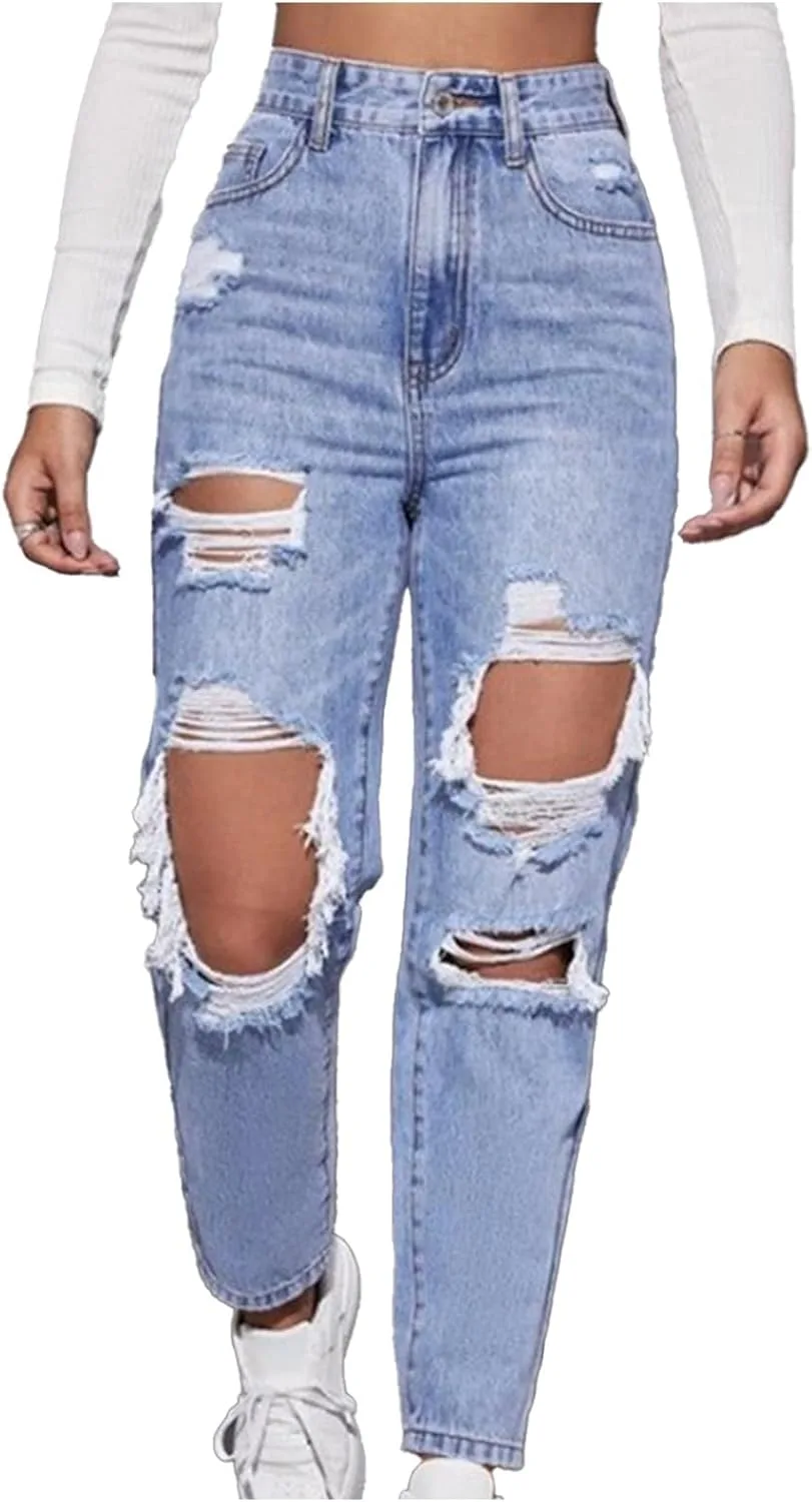 

NATHGAM женские джинсы с высокой талией, прямым кроем и потертостями